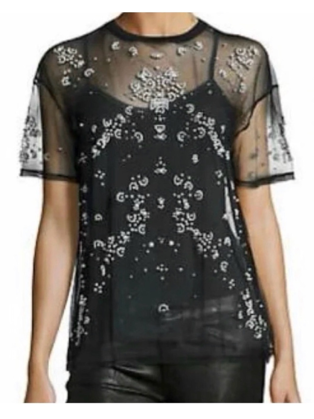 Cinq a Sept Sheer Mesh Embellished Pearl Black Short Sleeve Top size XS